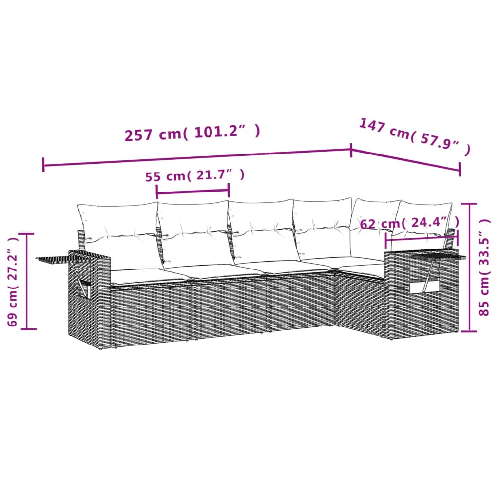 Set Divano Da Giardino 5 Pz Con Cuscini Marrone In Polyrattan - Image 3