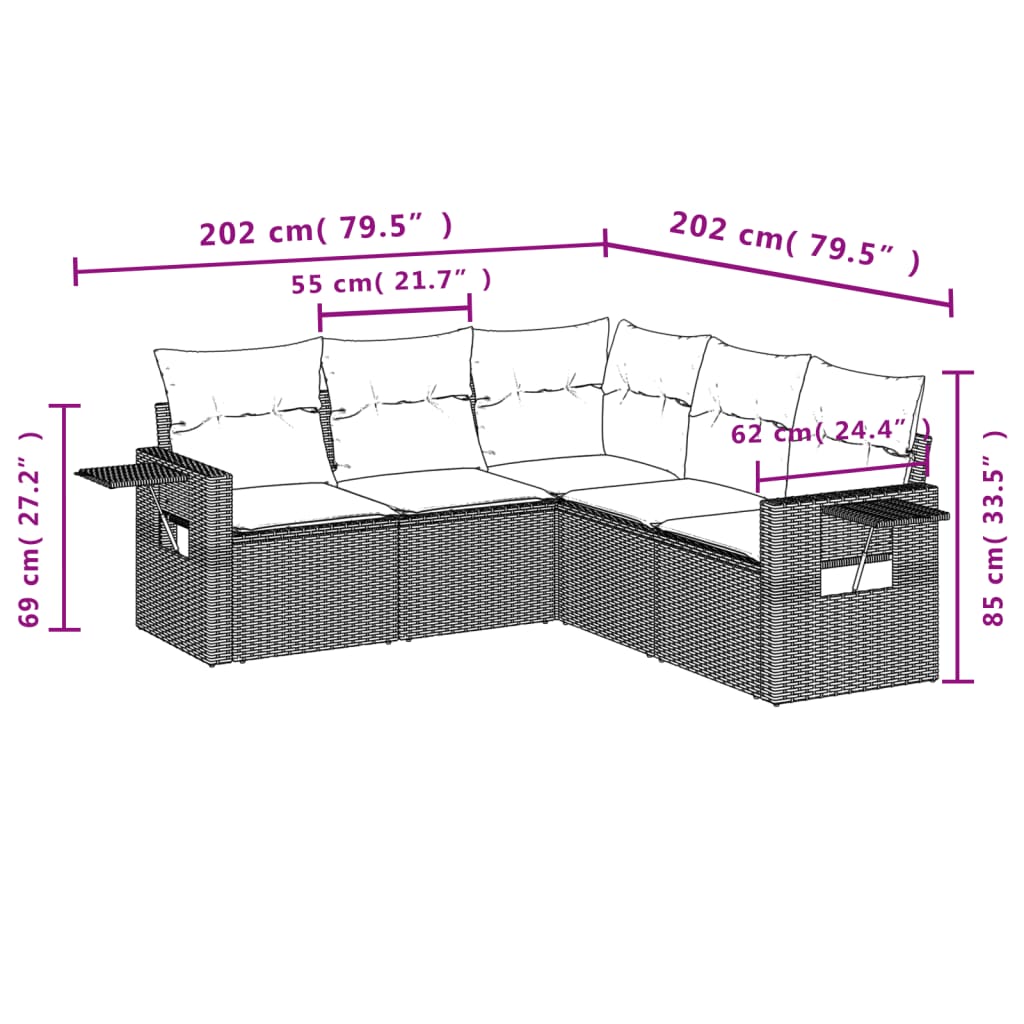 Set Divano Da Giardino 5 Pz Con Cuscini Grigio In Polyrattan - Image 3