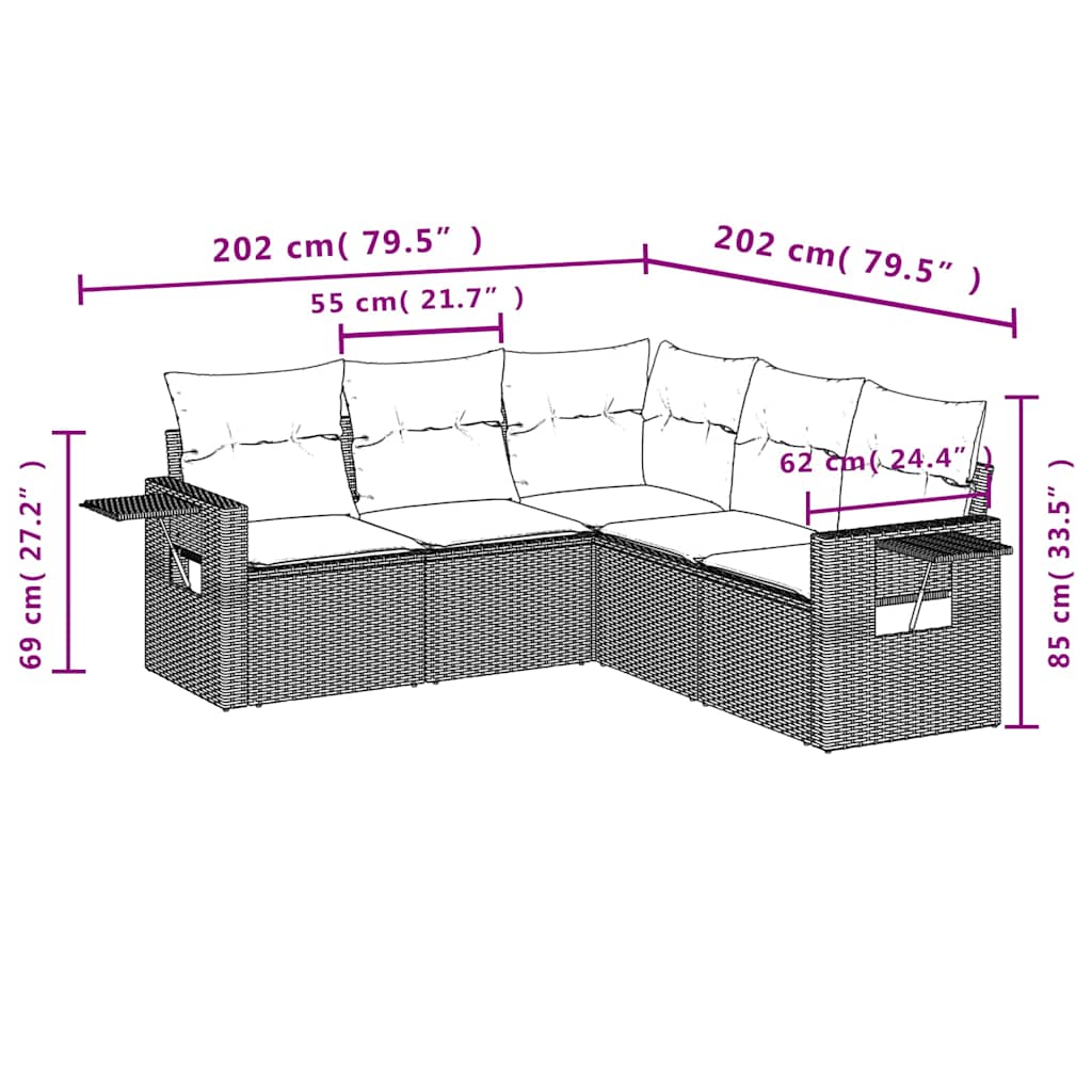 Set Divano Da Giardino 5pz Con Cuscini Grigio Chiaro Polyrattan - Image 3