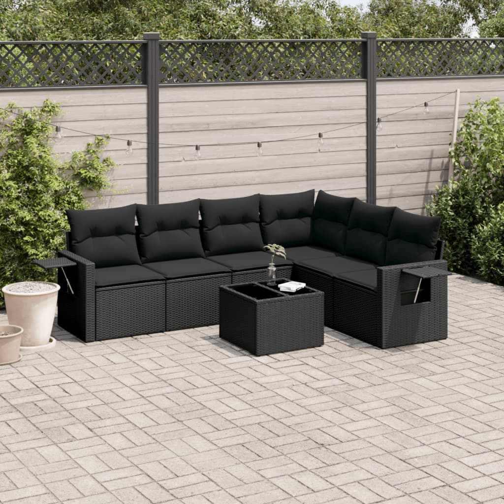 Set Divani Da Giardino Con Cuscini 7pz Nero Polyrattan