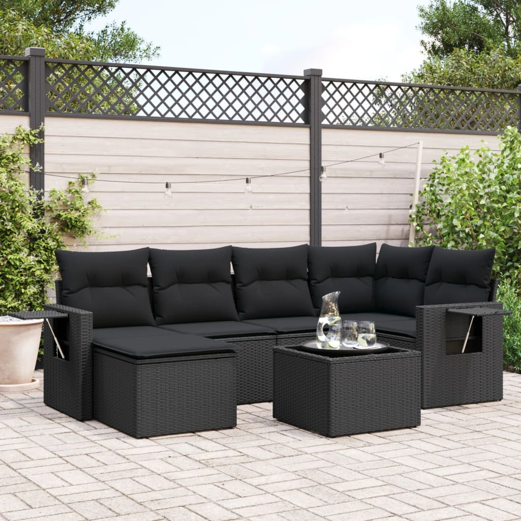 Set Divani Da Giardino Con Cuscini 7pz Nero Polyrattan