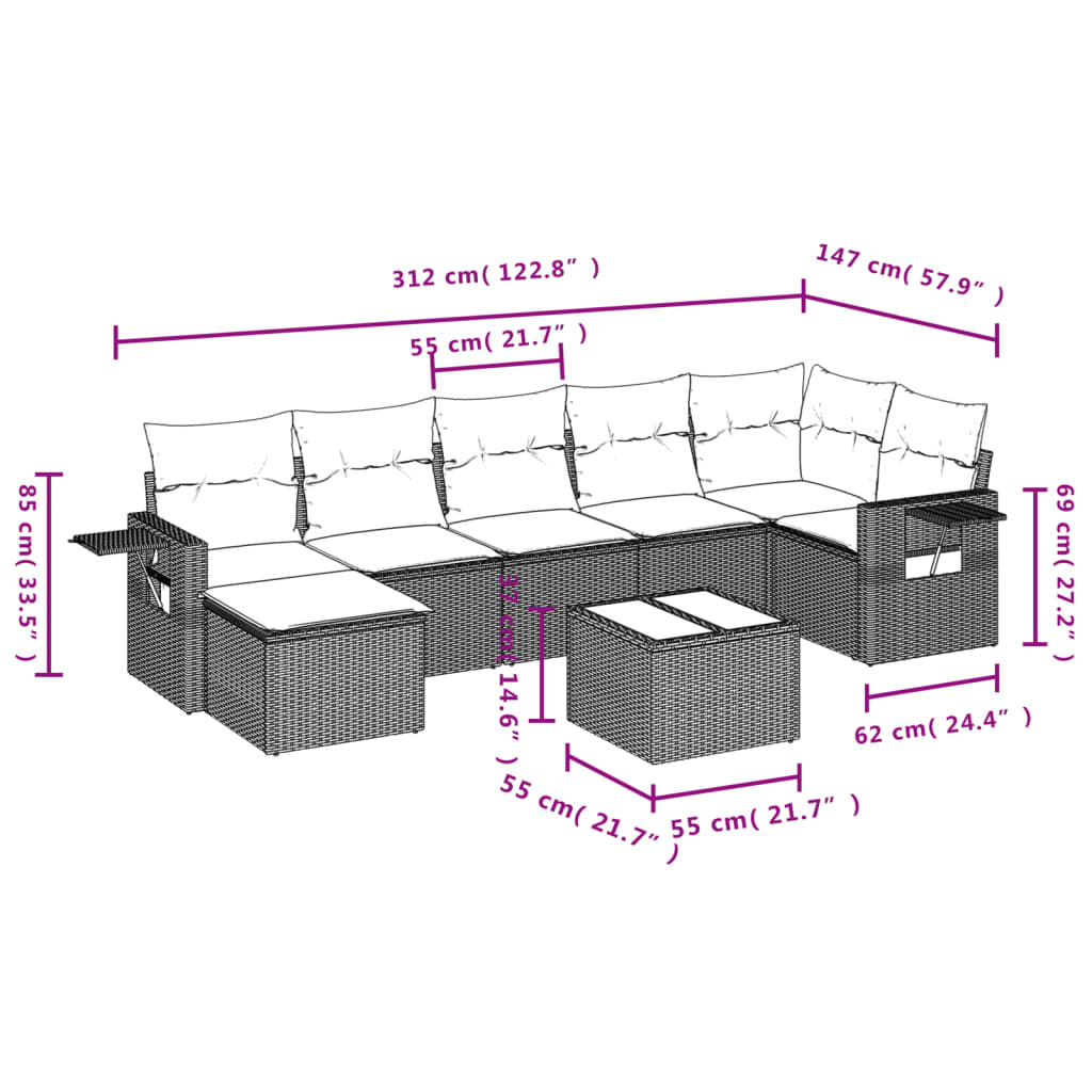 Set Divano Da Giardino 8 Pz Con Cuscini Beige In Polyrattan - Image 3