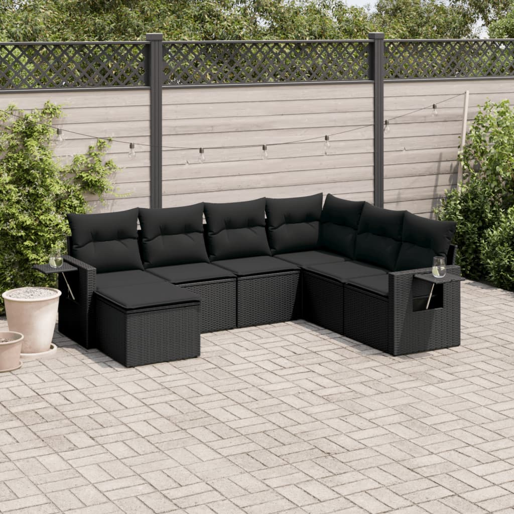 Set Divani Da Giardino Con Cuscini 7pz Nero Polyrattan