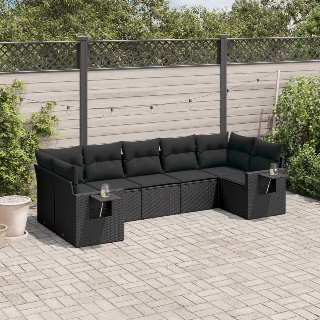 Set Divani Da Giardino Con Cuscini 7pz Nero Polyrattan