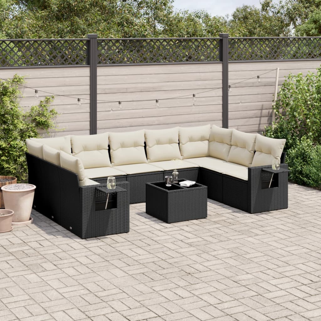Set Divani Da Giardino 10pz Con Cuscini In Polyrattan Nero