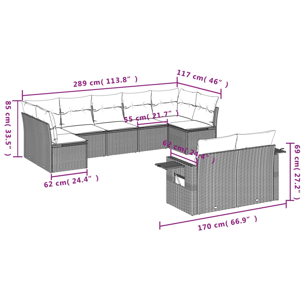 Set Divano Da Giardino 9 Pz Con Cuscini Beige In Polyrattan - Image 3