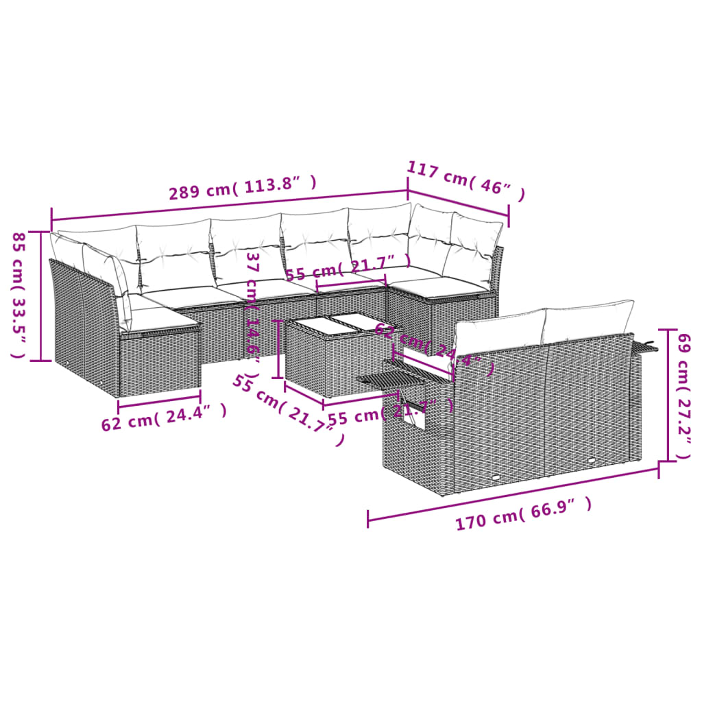 Set Divani Da Giardino 10pz Con Cuscini In Polyrattan Nero - Image 3
