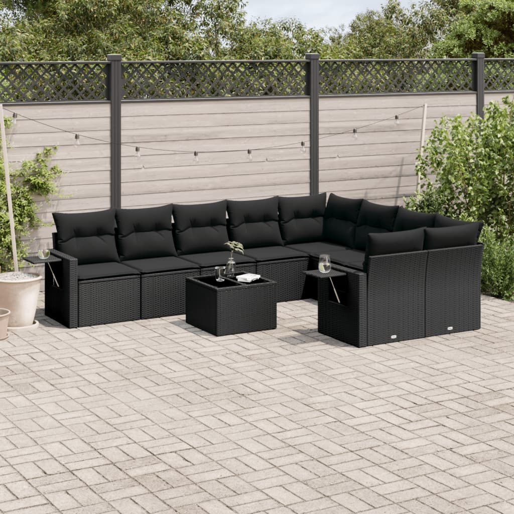 Set Divani Da Giardino 10pz Con Cuscini In Polyrattan Nero