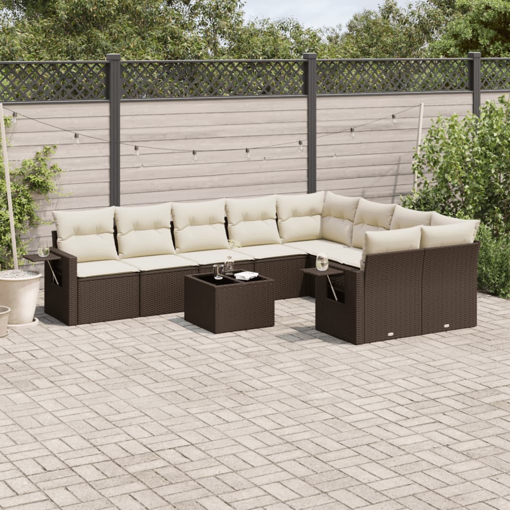 Set Divani Da Giardino 10pz Con Cuscini In Polyrattan Marrone