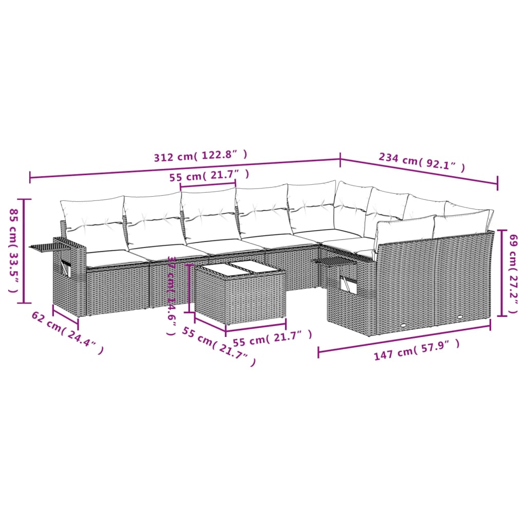 Set Divani Da Giardino 10pz Con Cuscini In Polyrattan Marrone - Image 3