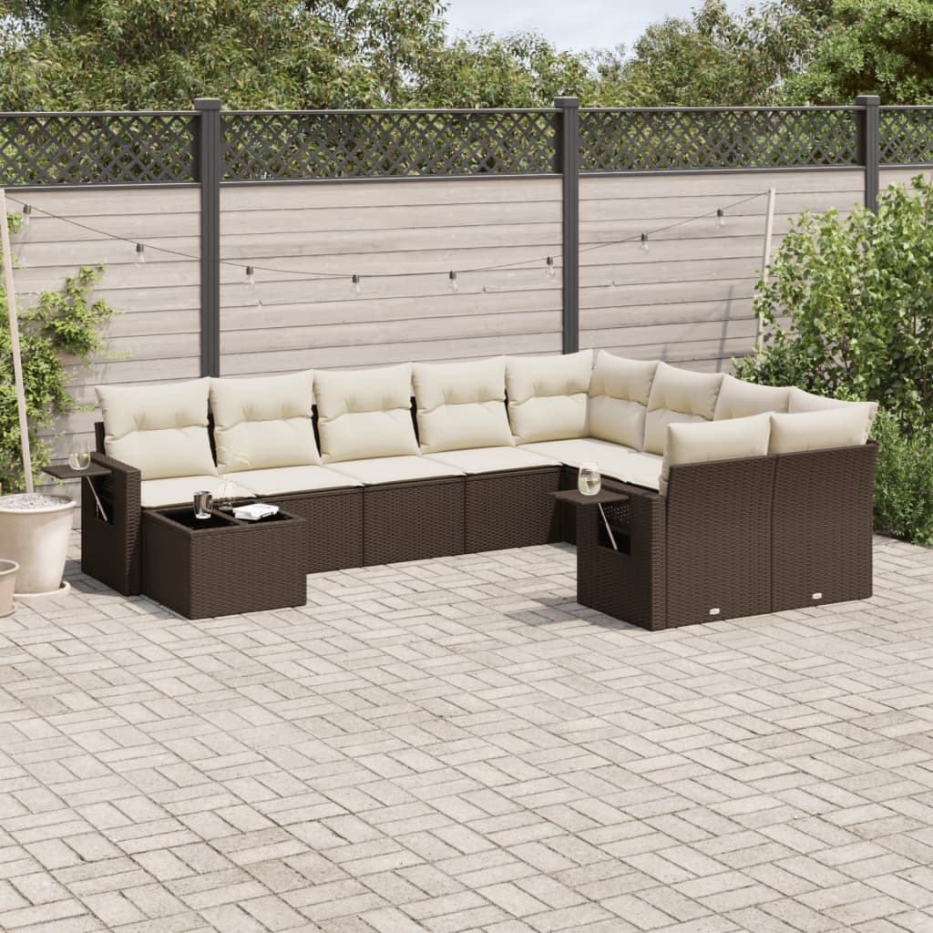 Set Divani Da Giardino 10pz Con Cuscini In Polyrattan Marrone