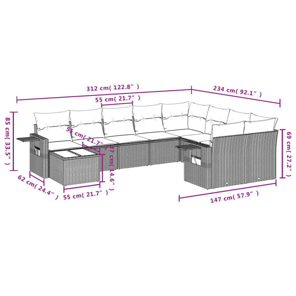 Set Divani Da Giardino 10pz Con Cuscini In Polyrattan Marrone - Image 3