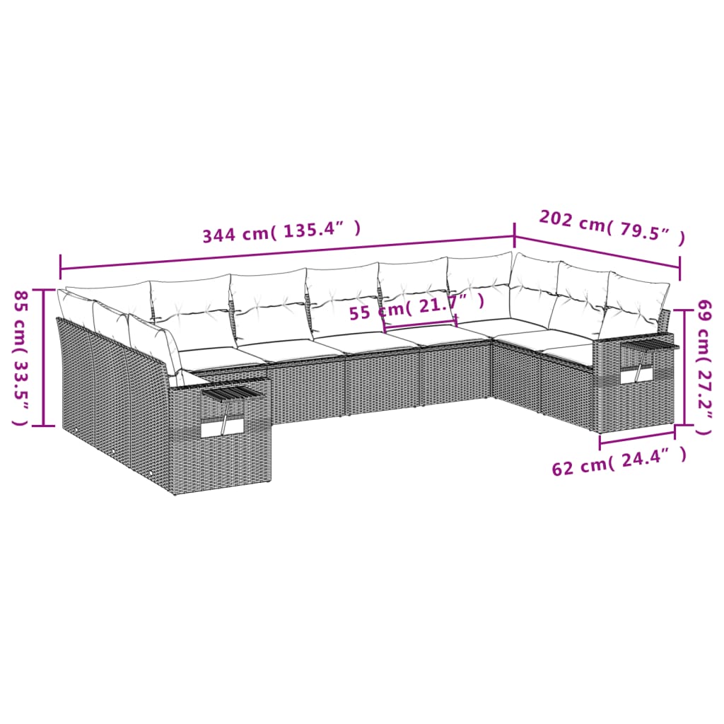 Set Divano Giardino 10 Pz Con Cuscini Grigio Chiaro Polyrattan - Image 3