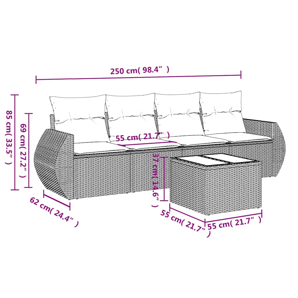 Set Divano Da Giardino 5pz Con Cuscini Grigio Chiaro Polyrattan - Image 3