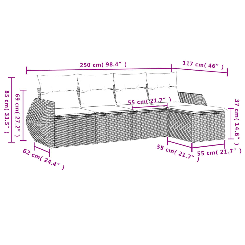 Set Divano Da Giardino 5 Pz Con Cuscini Marrone In Polyrattan - Image 3