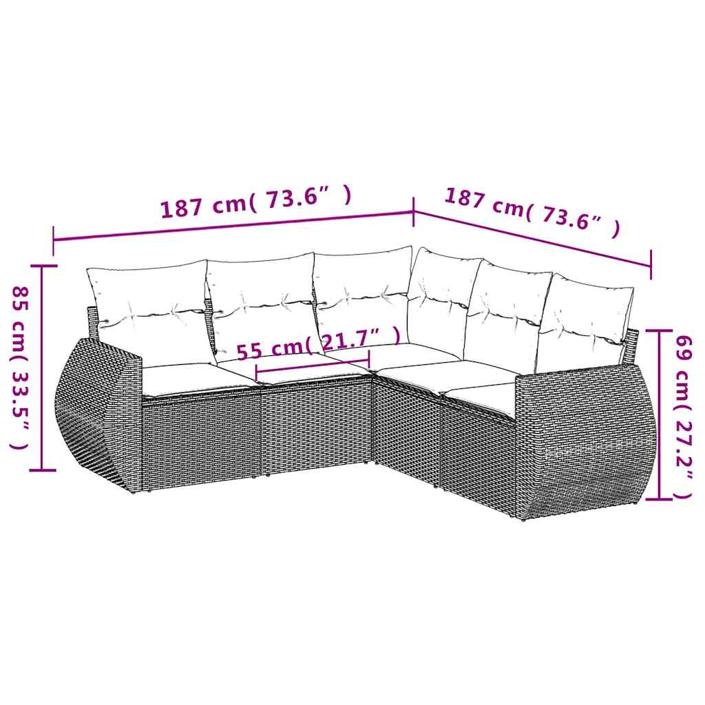Set Divano Da Giardino 5pz Con Cuscini Grigio Chiaro Polyrattan - Image 3
