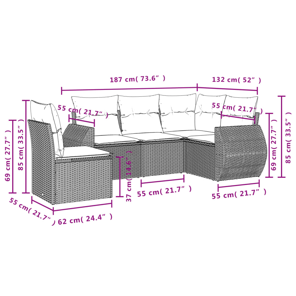 Set Divano Da Giardino 5 Pz Con Cuscini Grigio In Polyrattan - Image 3