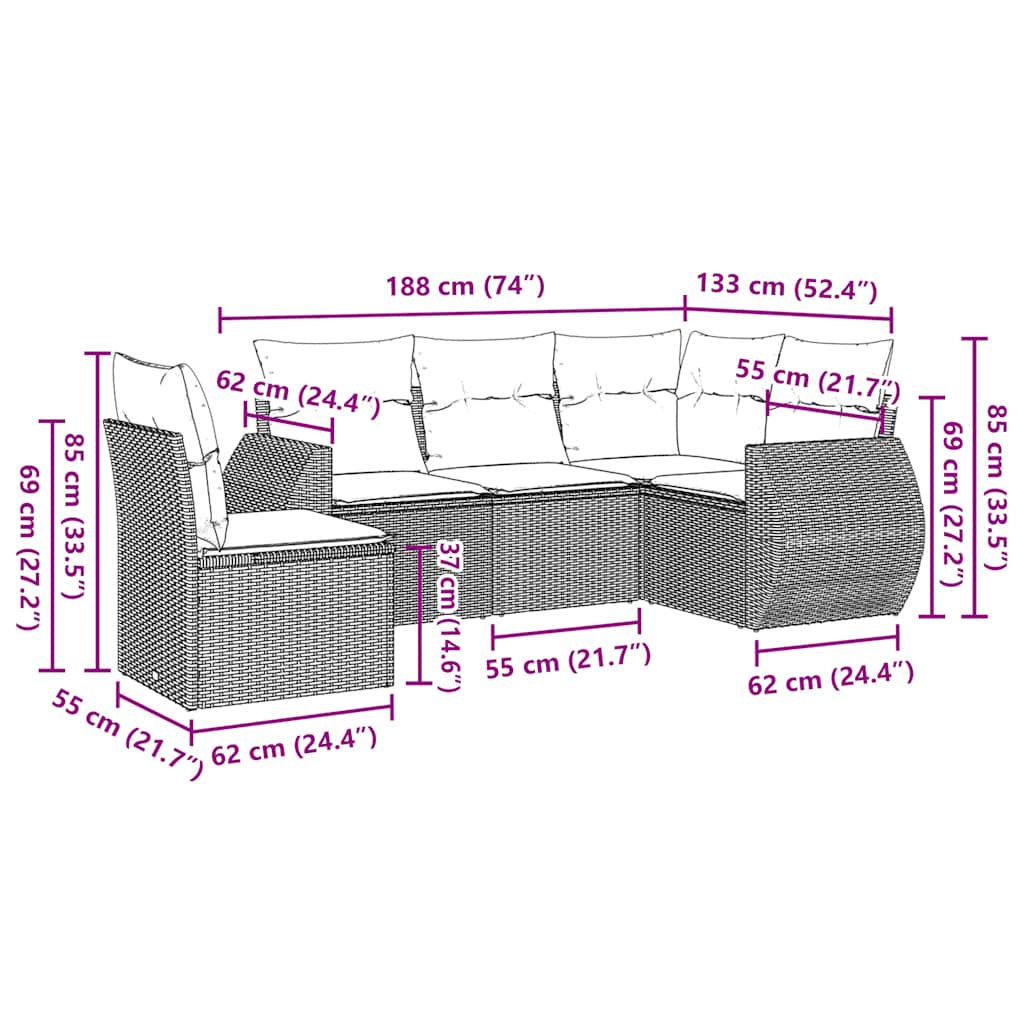Set Divano Da Giardino 5pz Con Cuscini Grigio Chiaro Polyrattan - Image 3