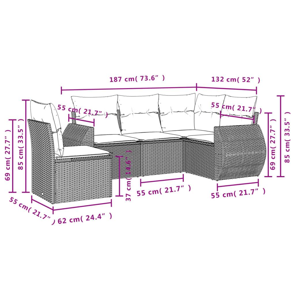 Set Divano Da Giardino 5 Pz Con Cuscini Marrone In Polyrattan - Image 3