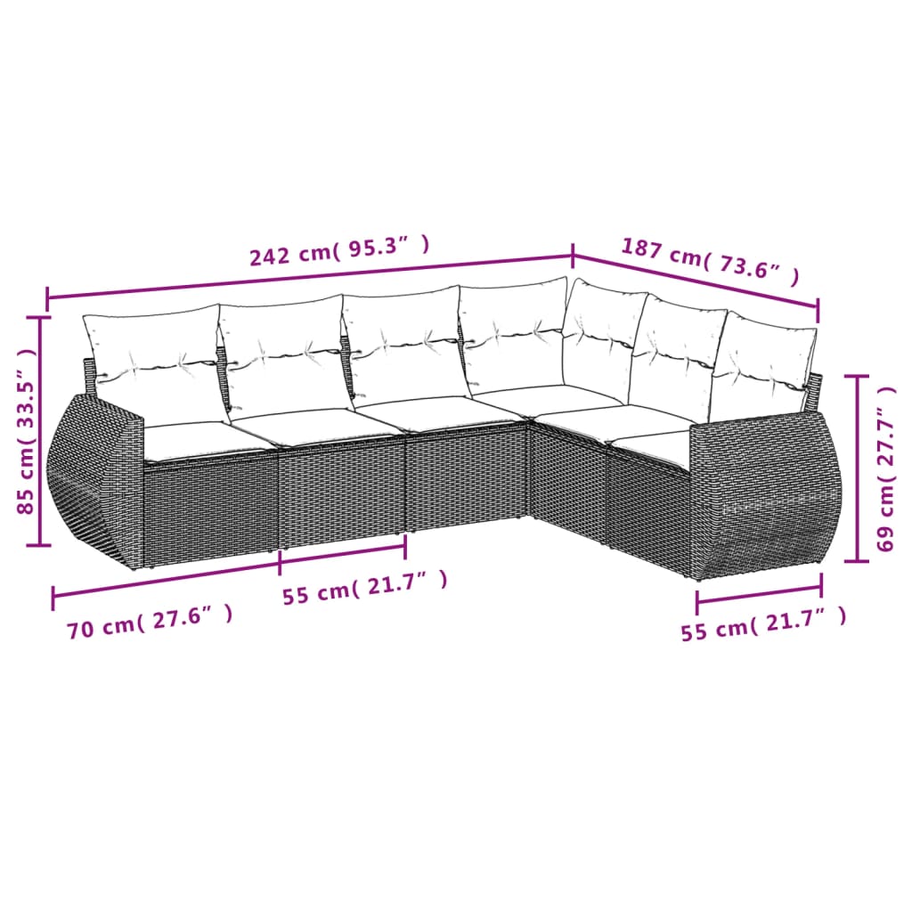 Set Divano Da Giardino 6 Pz Con Cuscini Nero In Polyrattan - Image 3