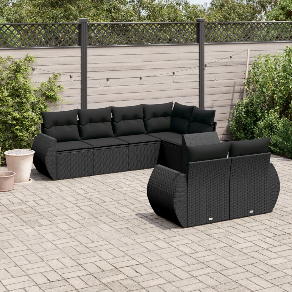 Set Divani Da Giardino Con Cuscini 7pz Nero Polyrattan