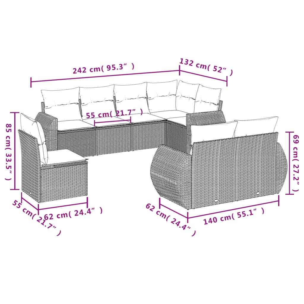 Set Divano Da Giardino 8 Pz Con Cuscini Grigio In Polyrattan - Image 3