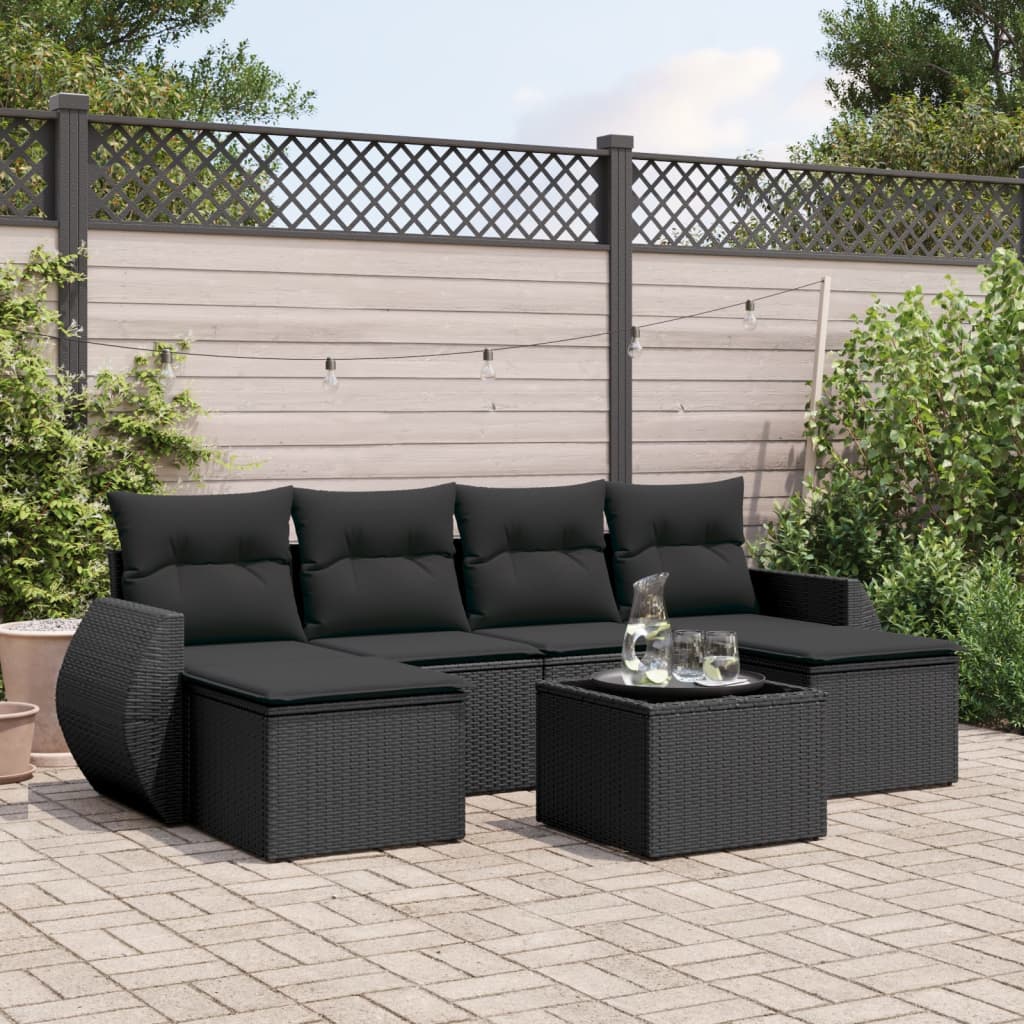 Set Divani Da Giardino Con Cuscini 7pz Nero Polyrattan