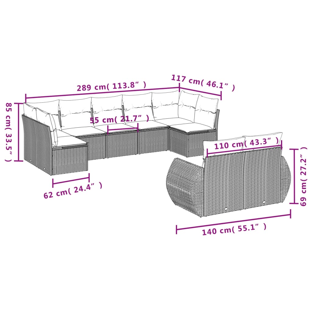 Set Divani Da Giardino 9 Pz Con Cuscini Nero In Polyrattan - Image 3