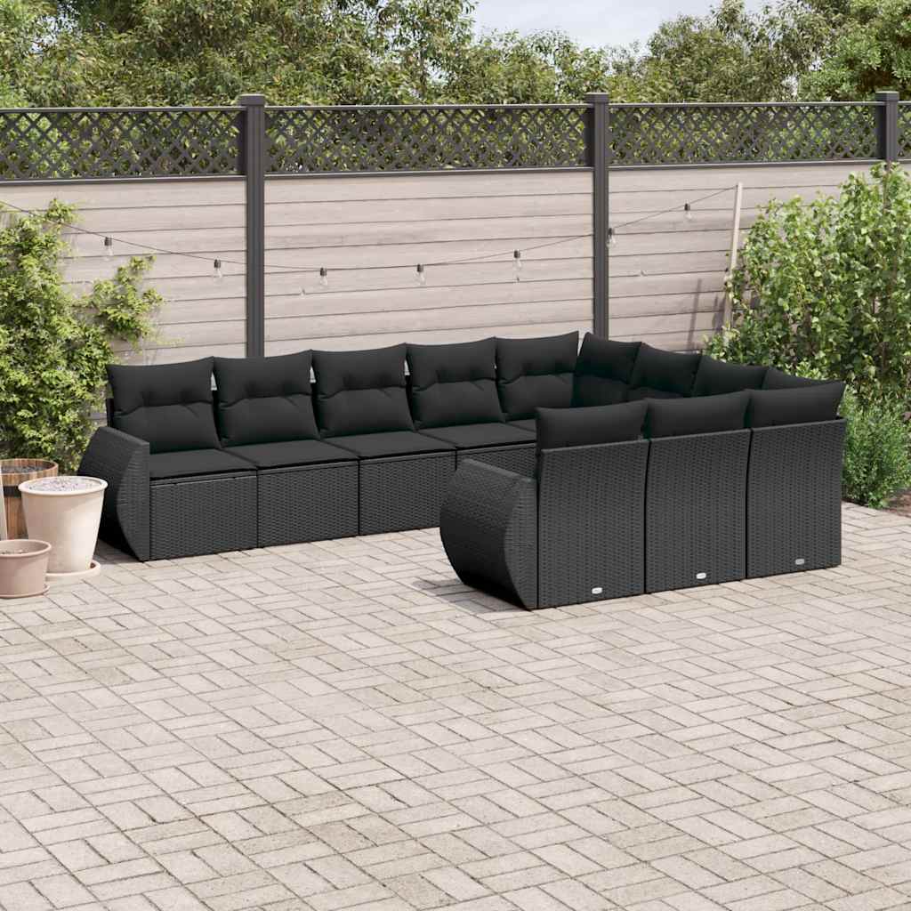 Set Divani Da Giardino 10pz Con Cuscini In Polyrattan Nero