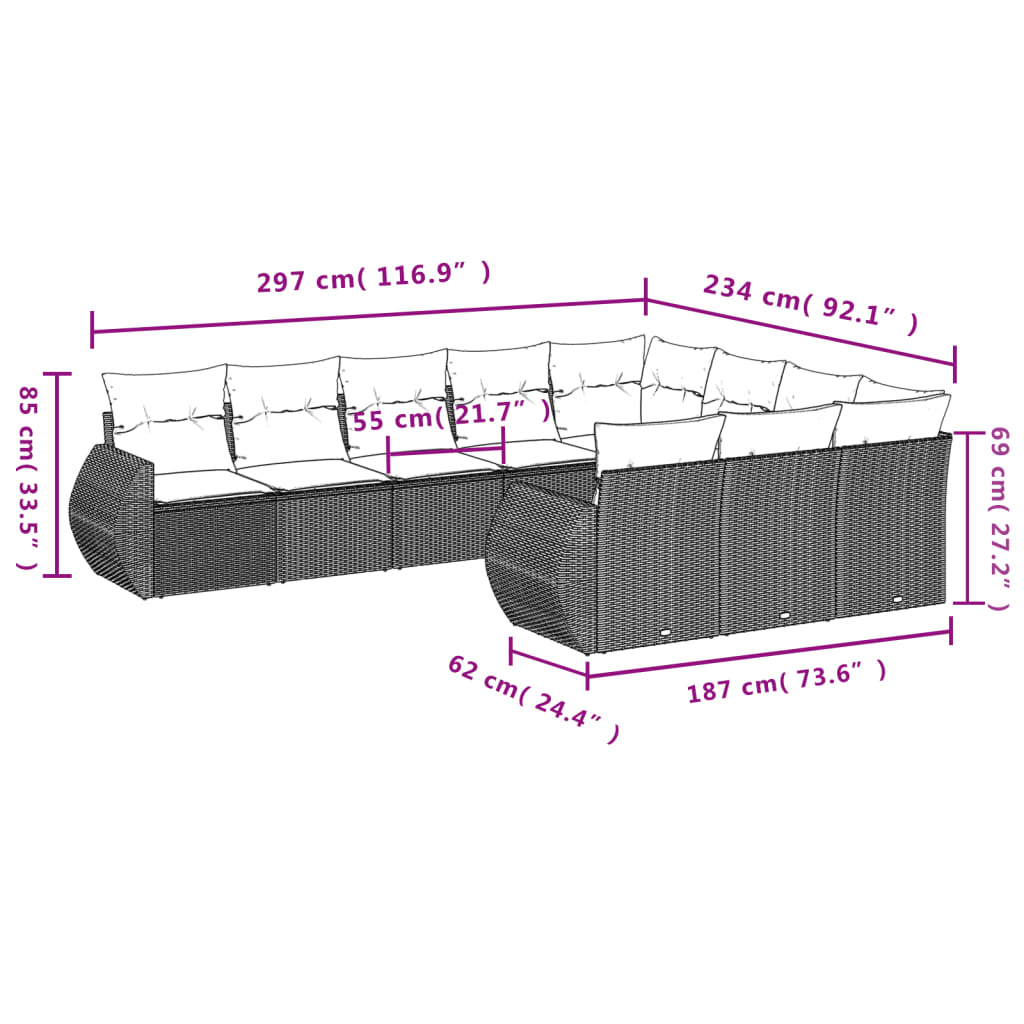 Set Divano Da Giardino 10 Pz Con Cuscini Grigio In Polyrattan - Image 3