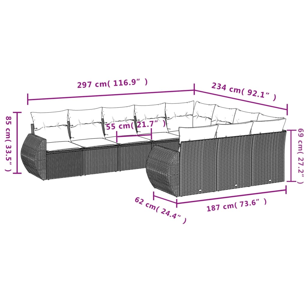 Set Divani Da Giardino 10pz Con Cuscini In Polyrattan Marrone - Image 3