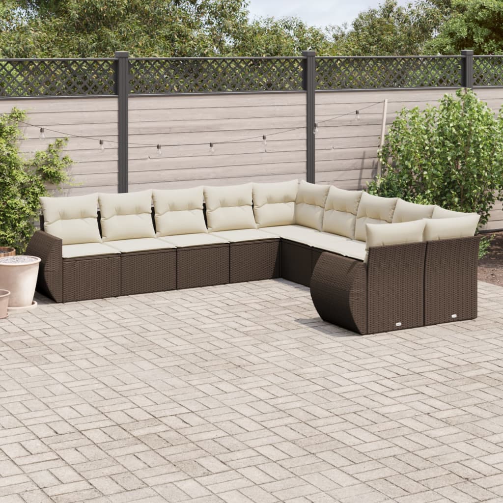 Set Divani Da Giardino 10pz Con Cuscini In Polyrattan Marrone