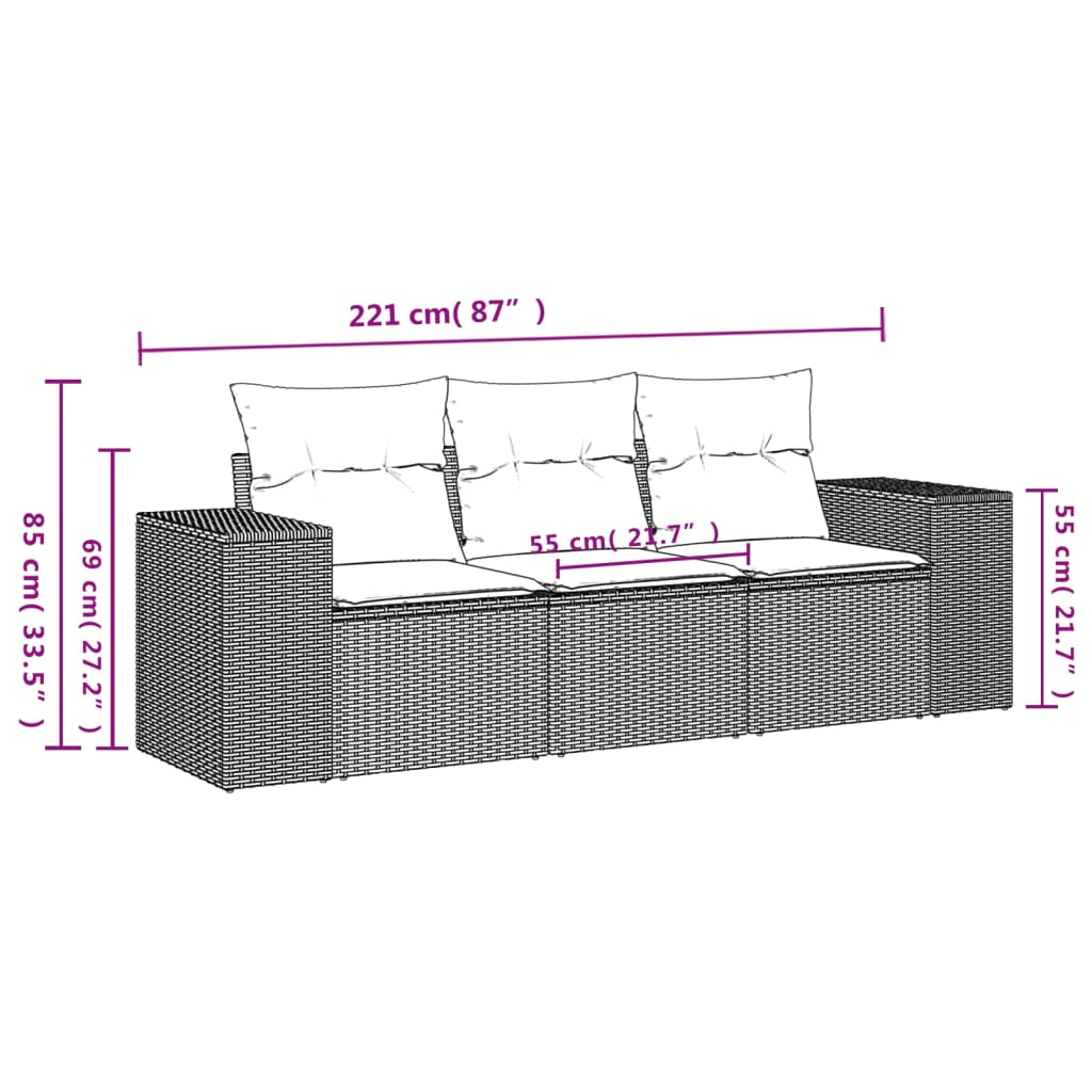 Set Divani Da Giardino 3 Pz Con Cuscini In Polyrattan Nero - Image 3