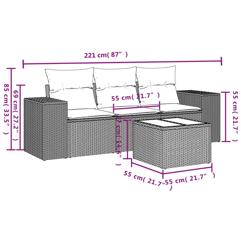 Set Divani Da Giardino 4 Pz Con Cuscini In Polyrattan Grigio - Image 3
