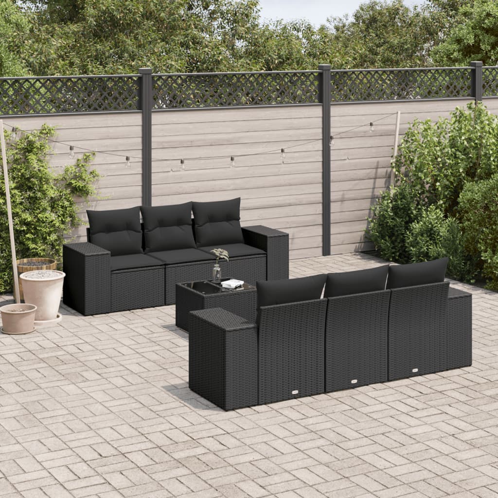 Set Divani Da Giardino Con Cuscini 7pz Nero Polyrattan
