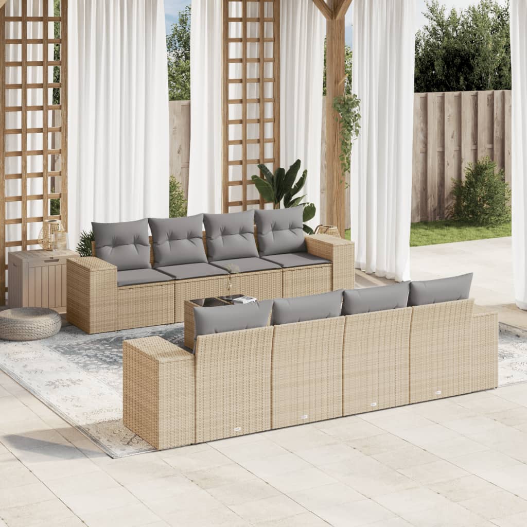 Set Divano Da Giardino 9 Pz Con Cuscini Beige In Polyrattan
