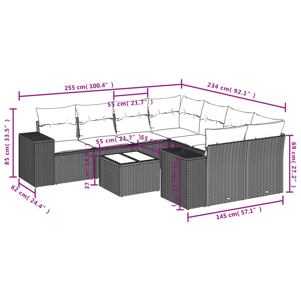 Set Divani Da Giardino 9 Pz Con Cuscini Nero In Polyrattan - Image 3