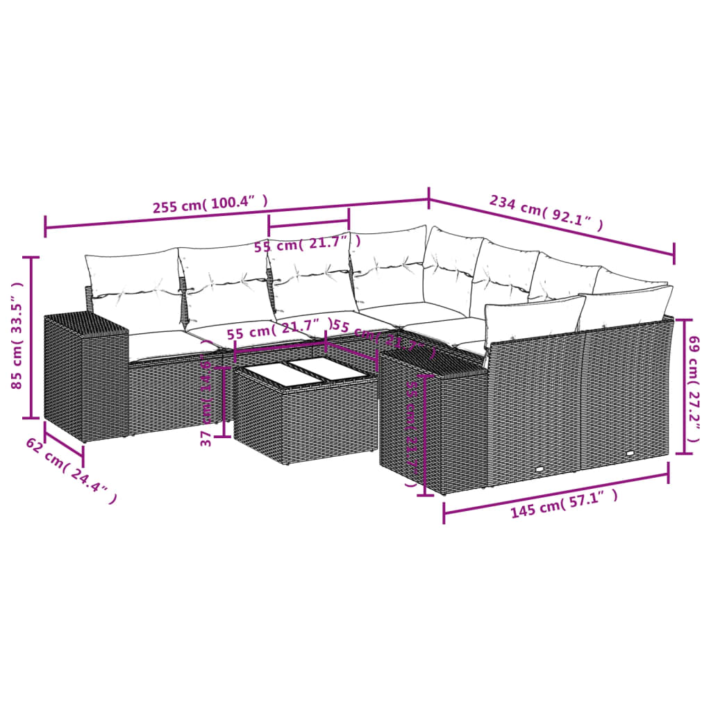 Set Divani Da Giardino 9 Pz Con Cuscini Nero In Polyrattan - Image 3