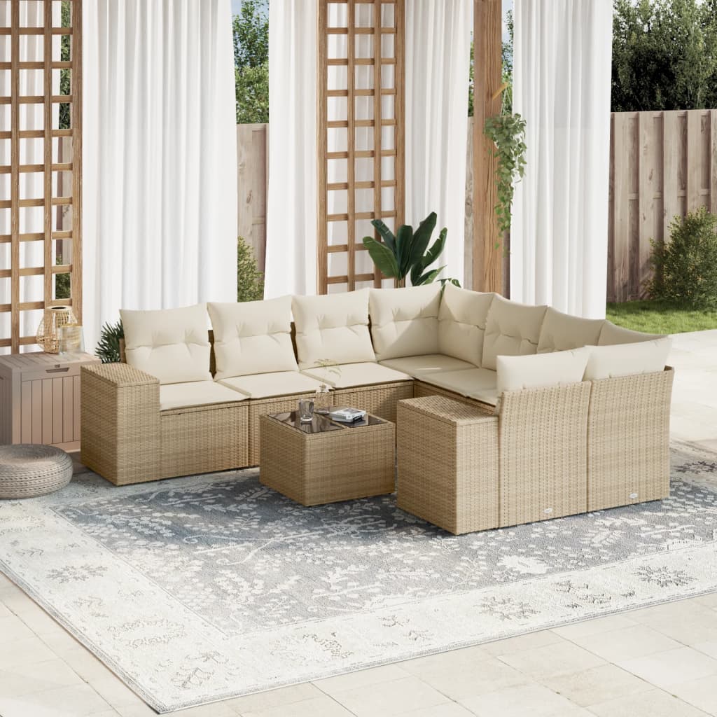 Set Divano Da Giardino 9 Pz Con Cuscini Beige In Polyrattan