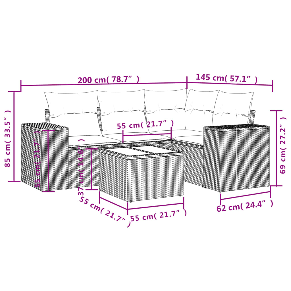 Set Divano Da Giardino 5pz Con Cuscini Grigio Chiaro Polyrattan - Image 3