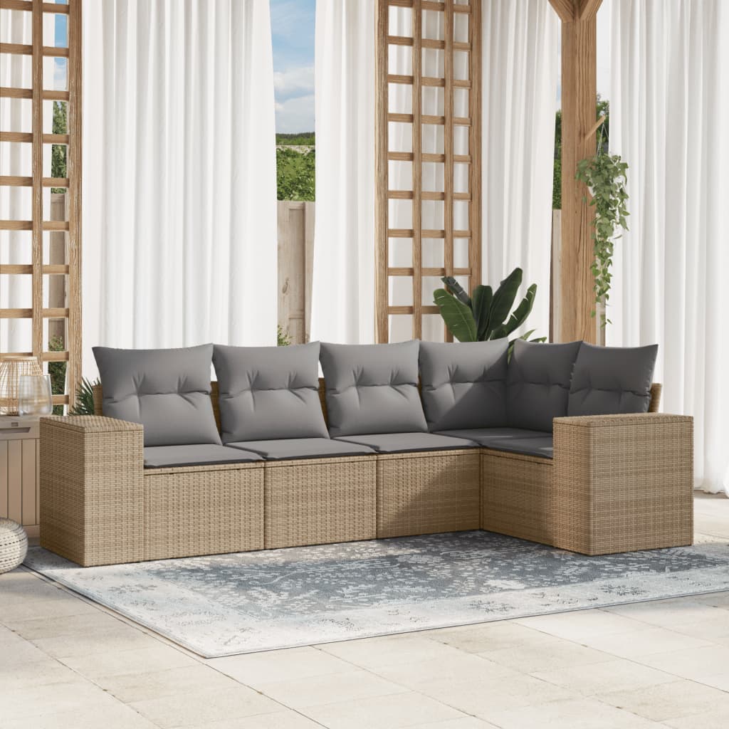Set Divano Da Giardino 5 Pz Con Cuscini Beige In Polyrattan