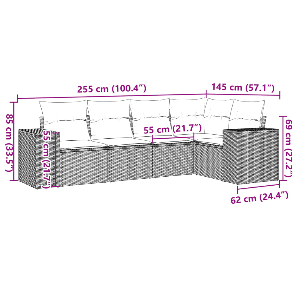 Set Divano Da Giardino 5 Pz Con Cuscini Grigio In Polyrattan - Image 3