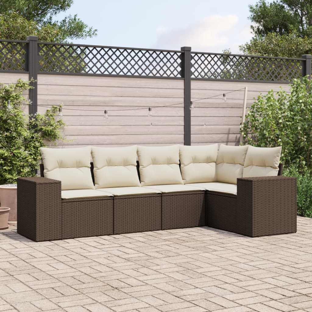Set Divano Da Giardino 5 Pz Con Cuscini Marrone In Polyrattan