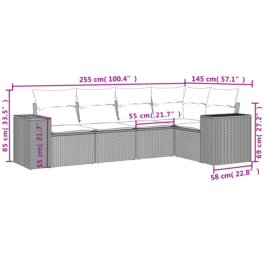 Set Divano Da Giardino 5 Pz Con Cuscini Marrone In Polyrattan - Image 3