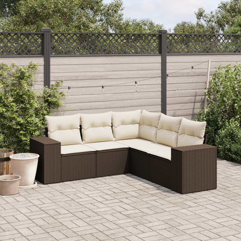 Set Divano Da Giardino 5 Pz Con Cuscini Marrone In Polyrattan