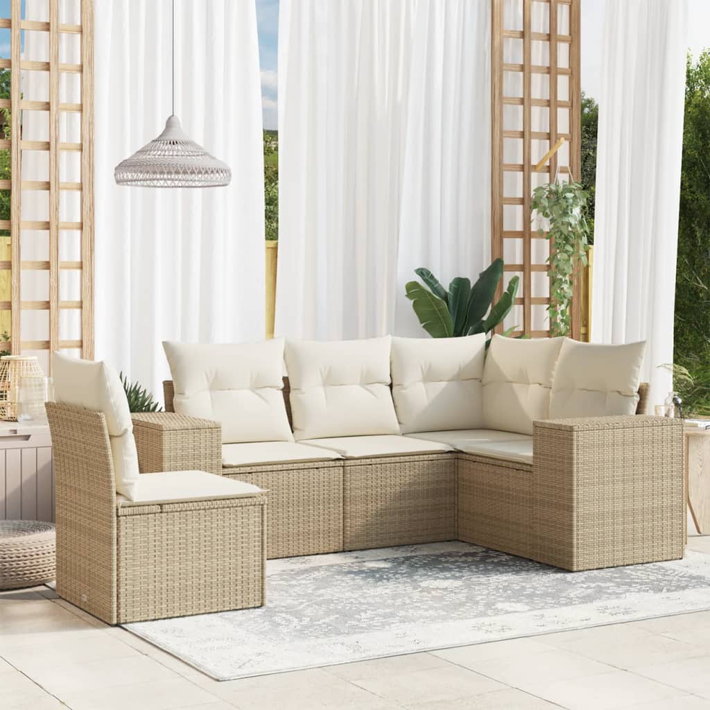 Set Divano Da Giardino 5 Pz Con Cuscini Beige In Polyrattan