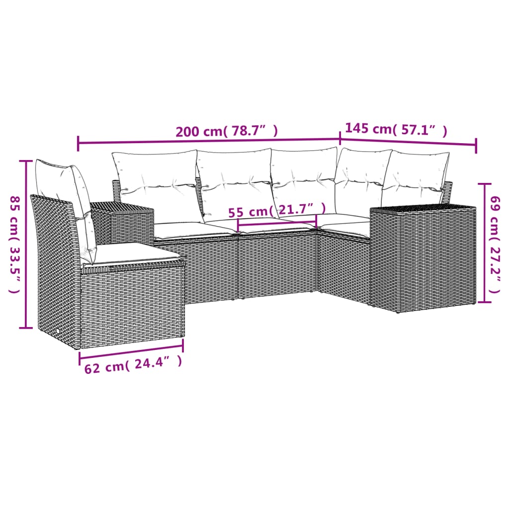 Set Divano Da Giardino 5 Pz Con Cuscini Beige In Polyrattan - Image 3
