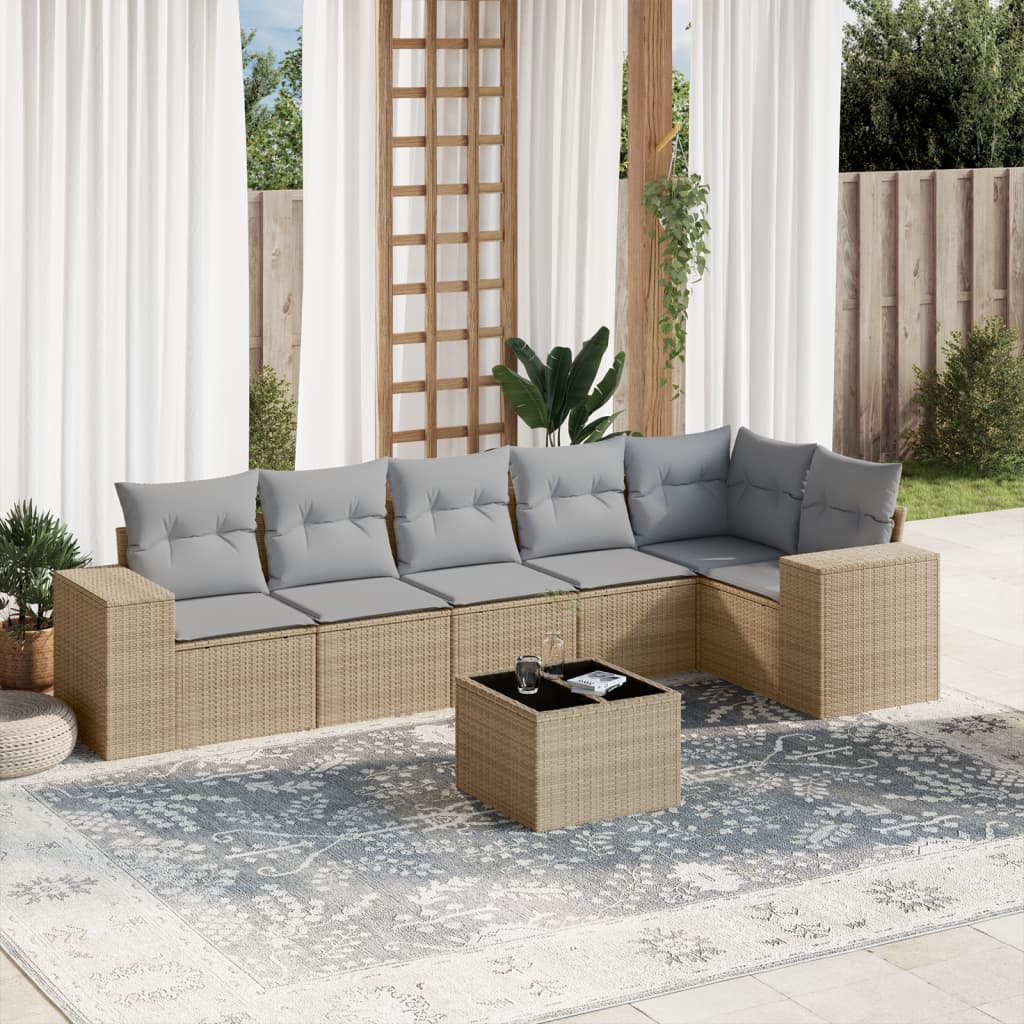 Set Divani Da Giardino 7 Pz Con Cuscini Beige In Polyrattan