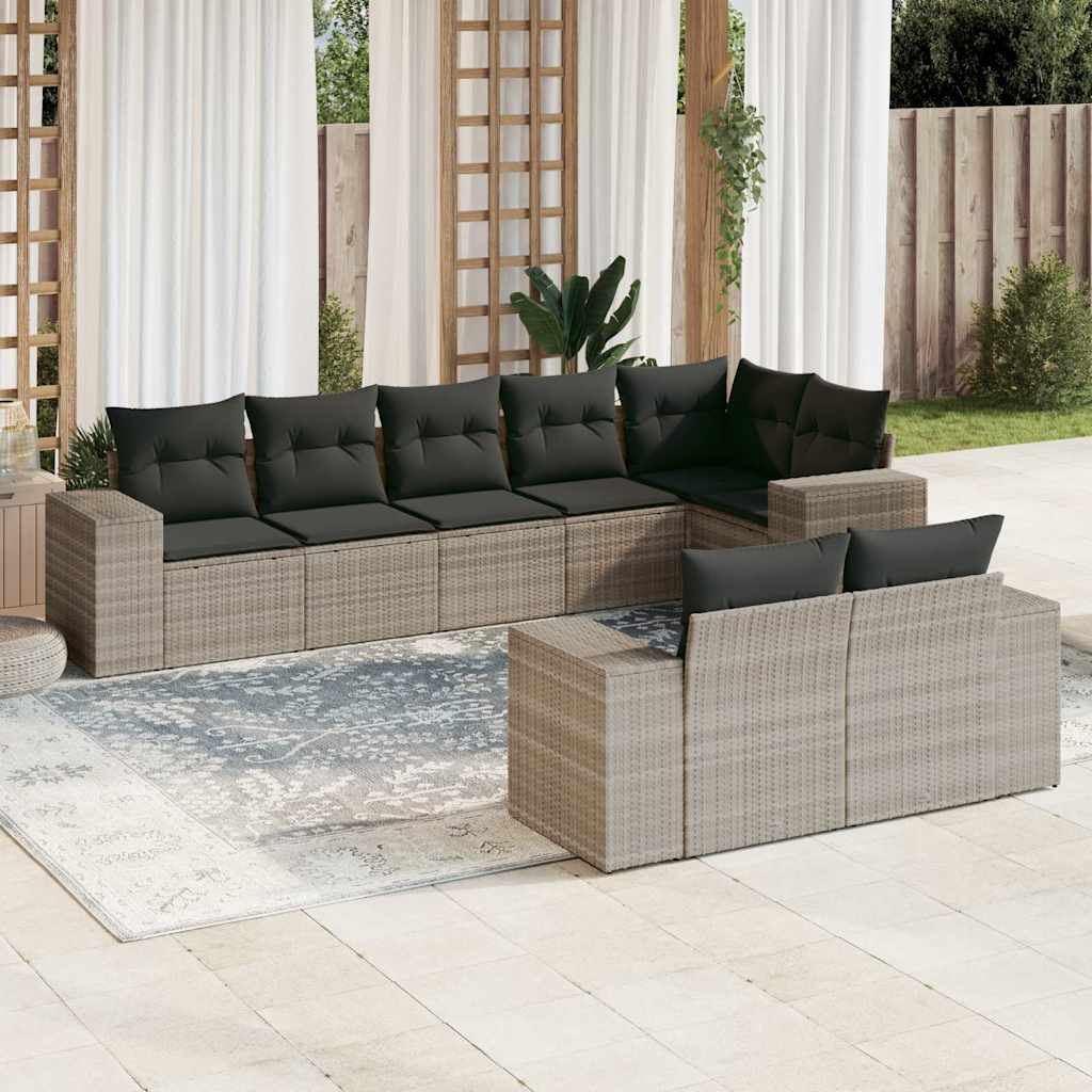 Set Divano Da Giardino 8pz Con Cuscini Grigio Chiaro Polyrattan