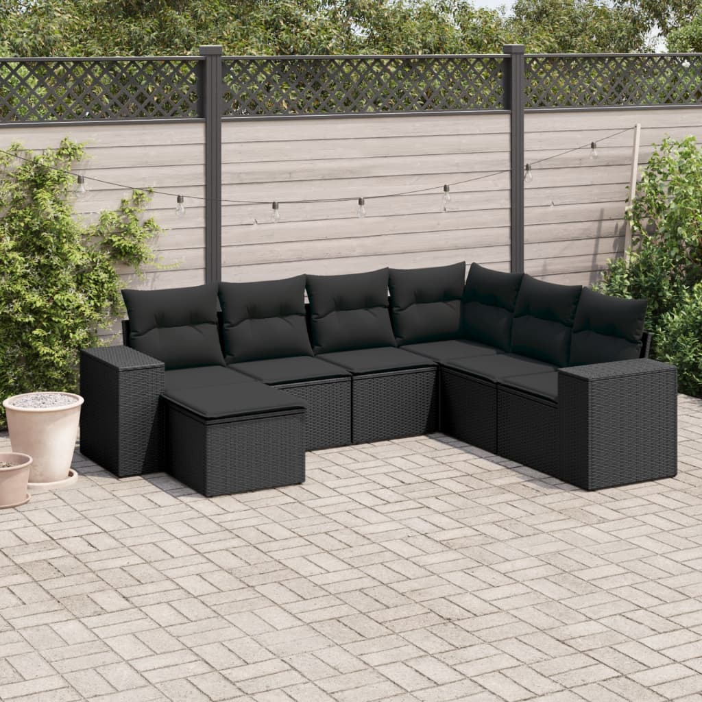 Set Divani Da Giardino Con Cuscini 7pz Nero Polyrattan